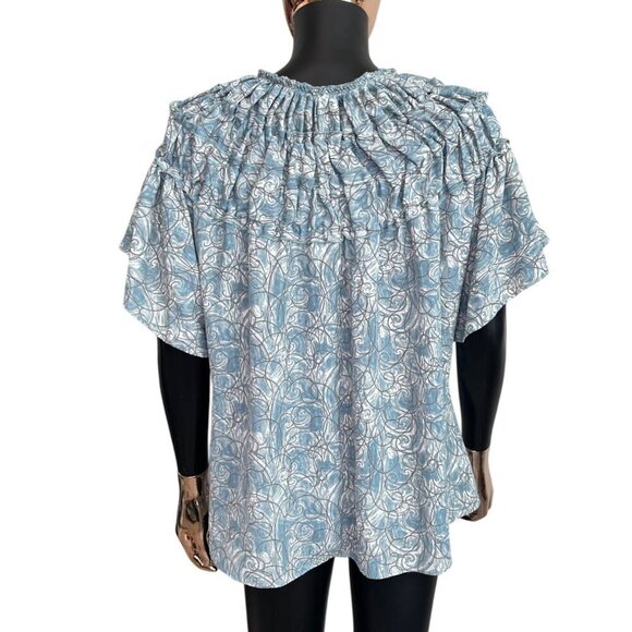 ✨ Bishop + Young Smocked Ruffle Flutter Sleeve Blouse Soft Teal Print Small NWT - Picture 3 of 9